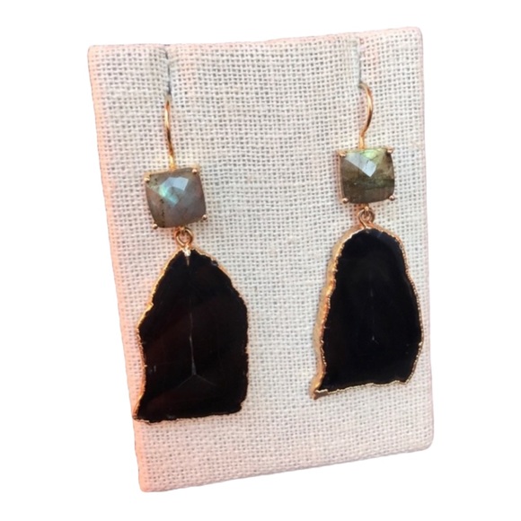 luckijewels Jewelry - Labradorite and Black Agate Slice gold plated one of a kind wire back Earrings